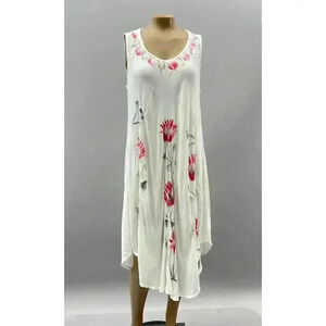 Boho Midi Tent Dress One Size White Pink Painted Flowers Sleeveless Fairycore